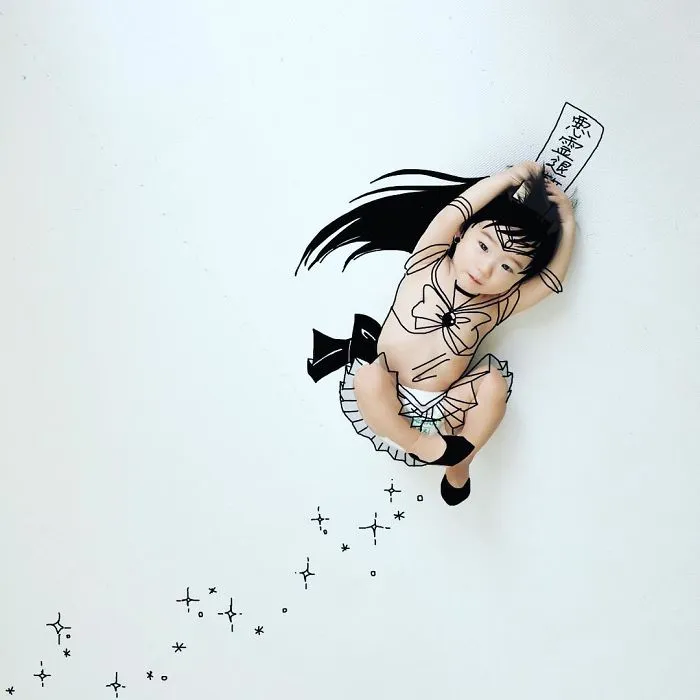 Japanese Father Of Two Draws On His Kids’ Photos And The Result Is Adorable (50 Pics)