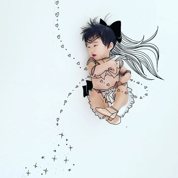 Japanese Father Of Two Draws On His Kids’ Photos And The Result Is Adorable (50 Pics)