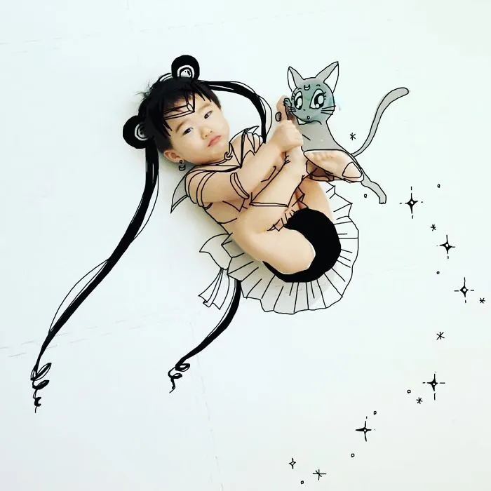 Japanese Father Of Two Draws On His Kids’ Photos And The Result Is Adorable (50 Pics)
