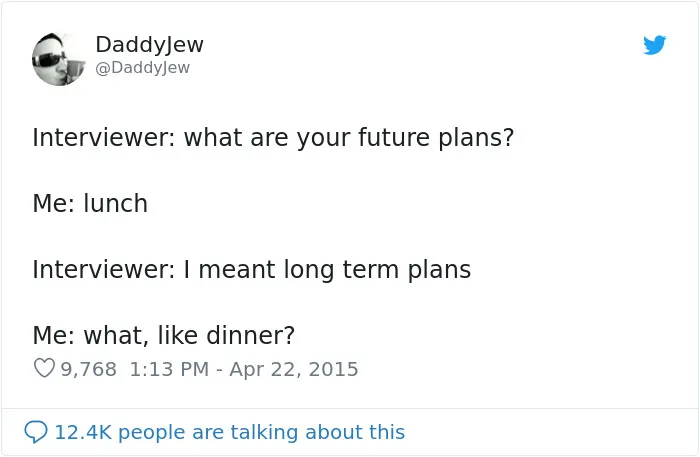 Funny job interview meme about future plans being lunch and dinner.