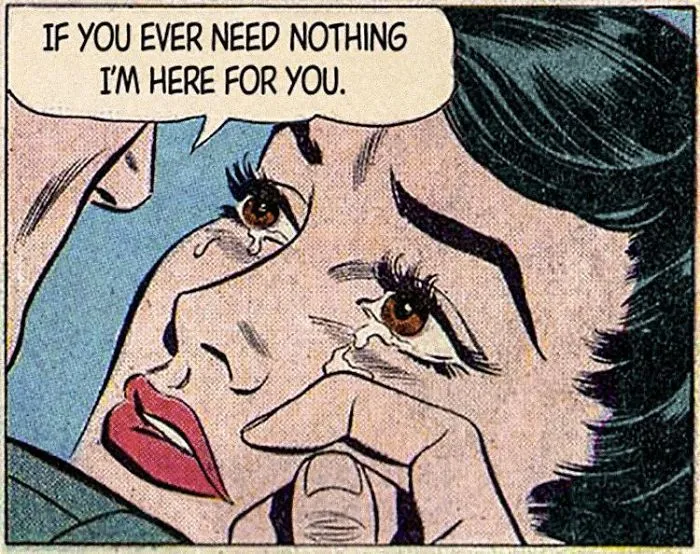 Vintage comic art of a tearful woman with a sarcastic love message.