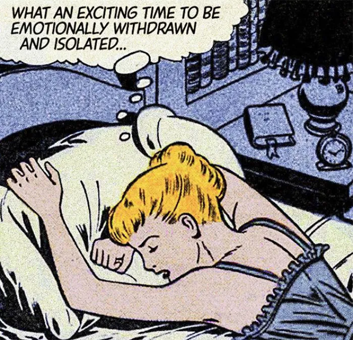 Woman in bed with thought bubble about being emotionally withdrawn, illustrating a vintage comic's take on modern love.