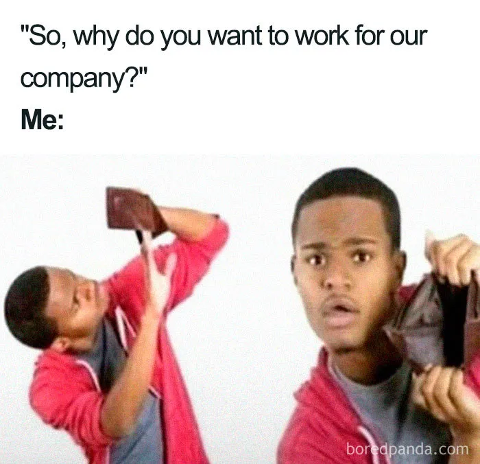 Man in red jacket humorously showing empty wallet during a job interview meme.