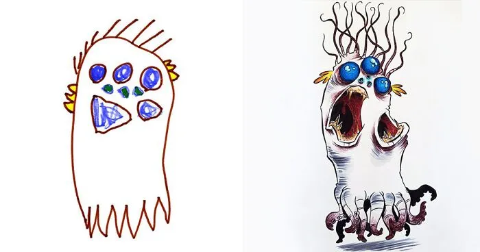 I Invited Artists From All Around The World To Draw Monsters Based on My Kids' Drawings (30 Pics)