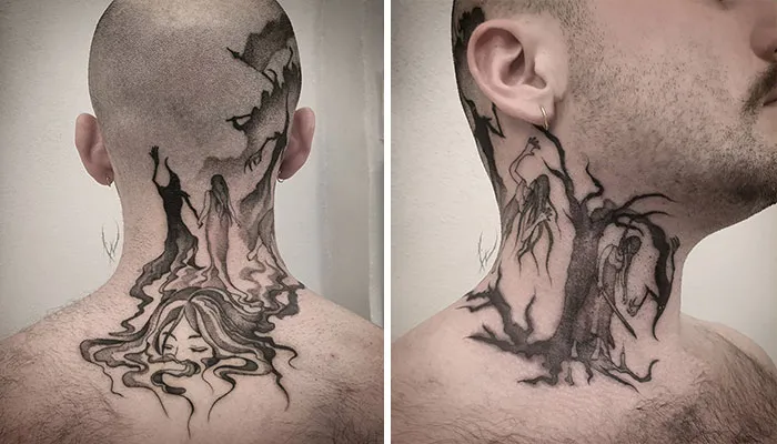 Neck tattoos featuring artistic black ink designs on the back and side of a man's neck and head.