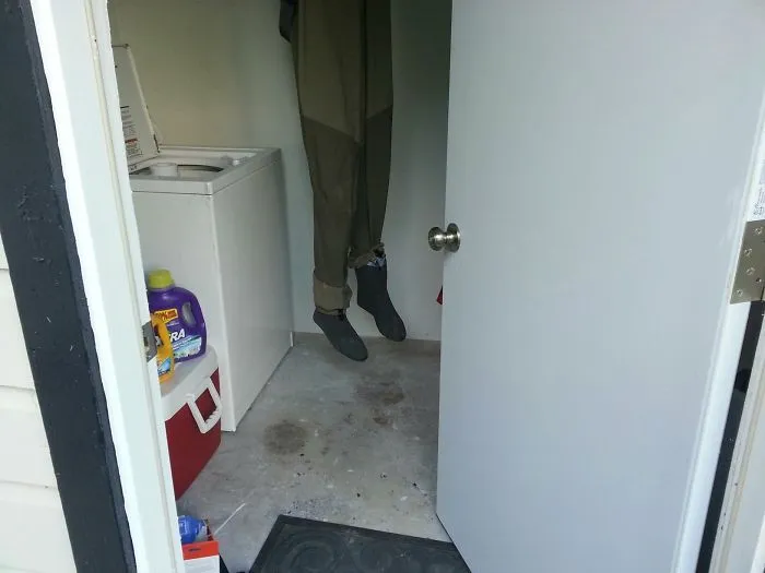Housemate Was Drying His Fishing Waders. Almost Had To Add The Pants I Was Wearing To The Laundry Pile I Was Carrying After I Opened The Door