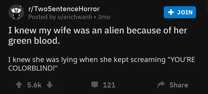 Reddit post of erichwanh about wife being an alien