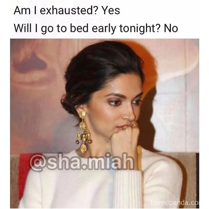 Woman looking tired and deep in thought, illustrating exhaustion and refusal to sleep early in funny sleeping memes.