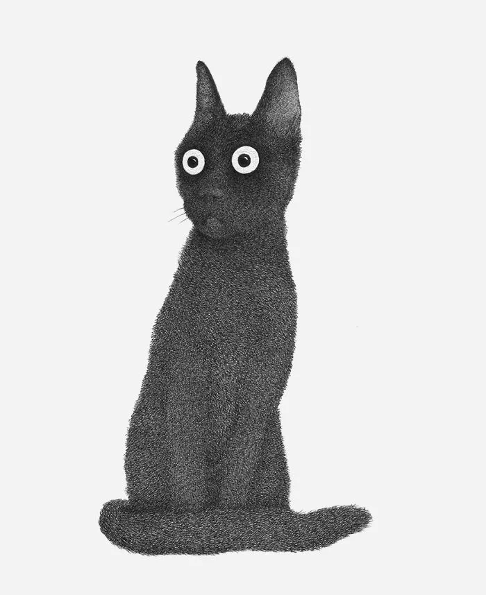 A black animal drawing with large, expressive eyes, showcasing a distinct artistic style.