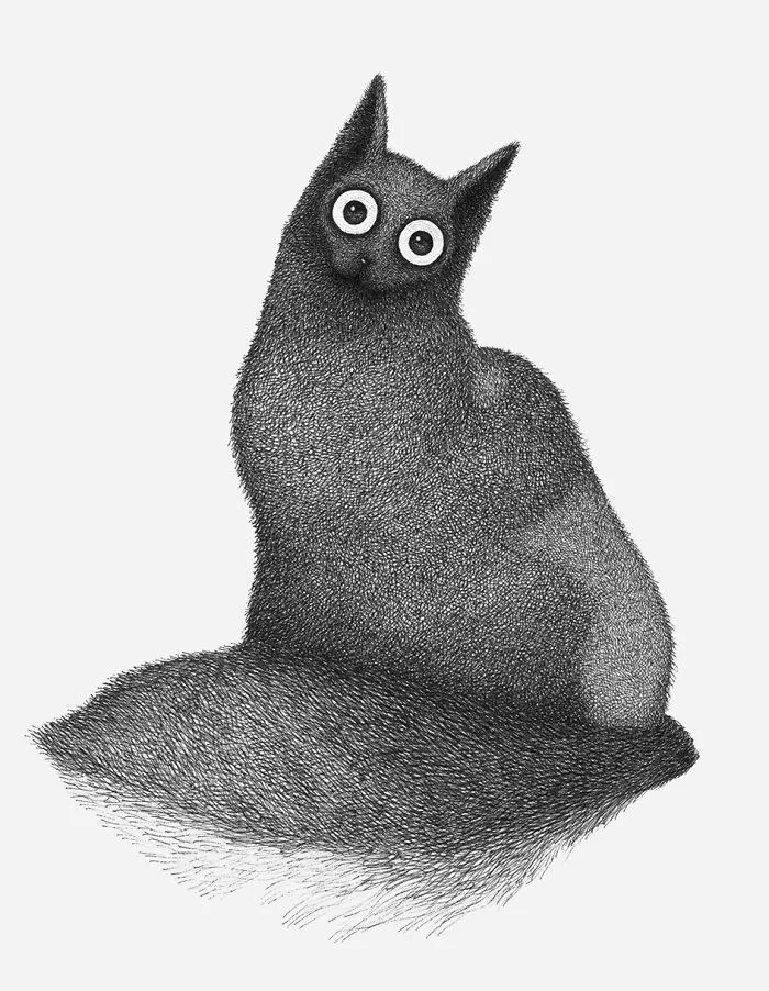 An adorable black cat with huge round eyes, depicted in a distinctive drawing style.