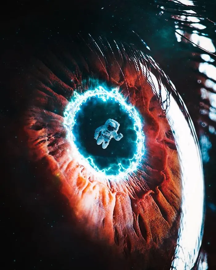 Astronaut floating in a surreal visual metaphor of an eye iris with dreamlike atmosphere.