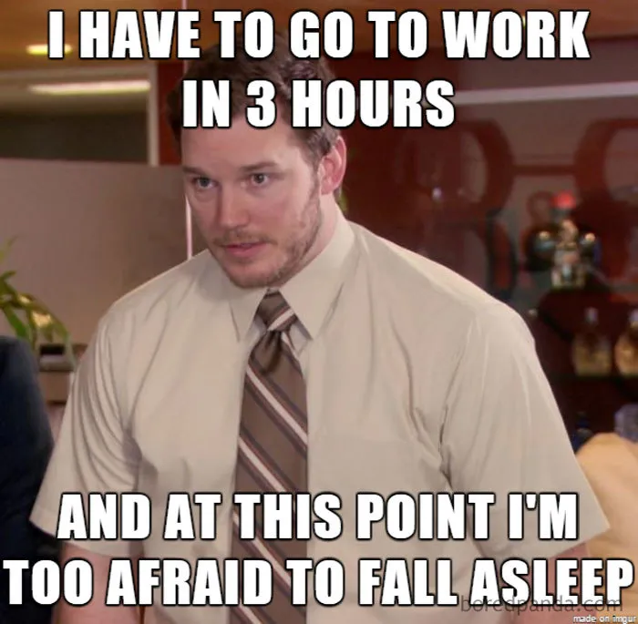 Man in office shirt and tie looking worried about work and sleep in a funny sleeping memes image.