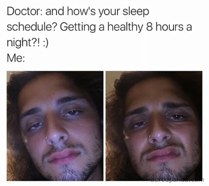 Young man with tired eyes showing lack of sleep, illustrating relatable funny sleeping memes about poor sleep schedule.