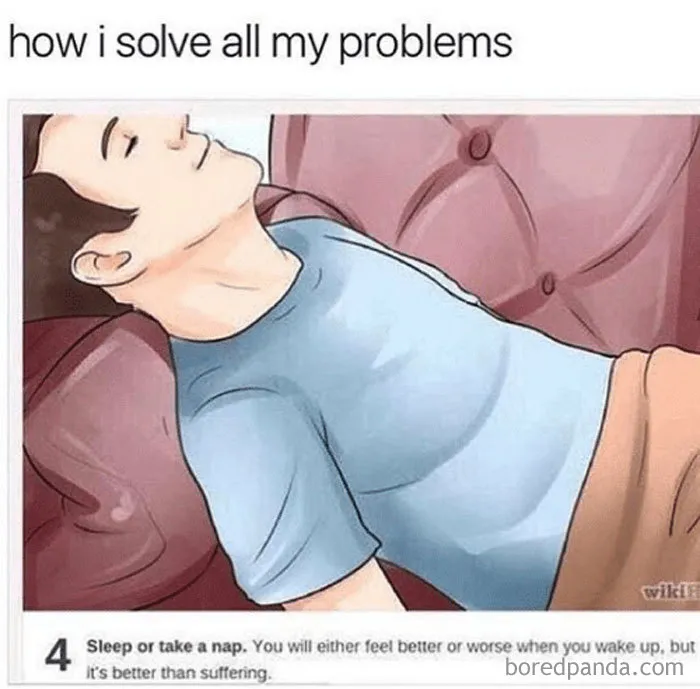Person lying on a couch with eyes closed, illustrating humor in solving problems through sleep or napping memes.