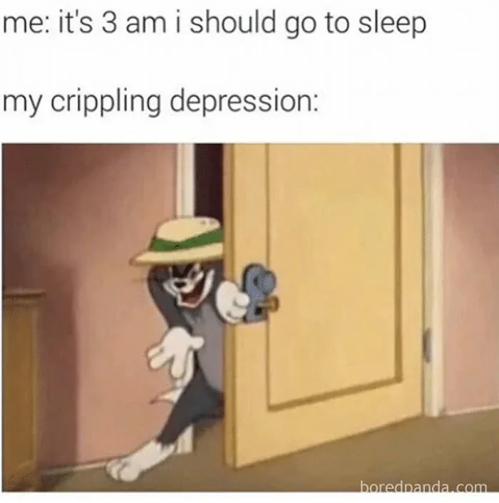 Cartoon character sneaking in a door at night, illustrating a funny sleeping meme.
