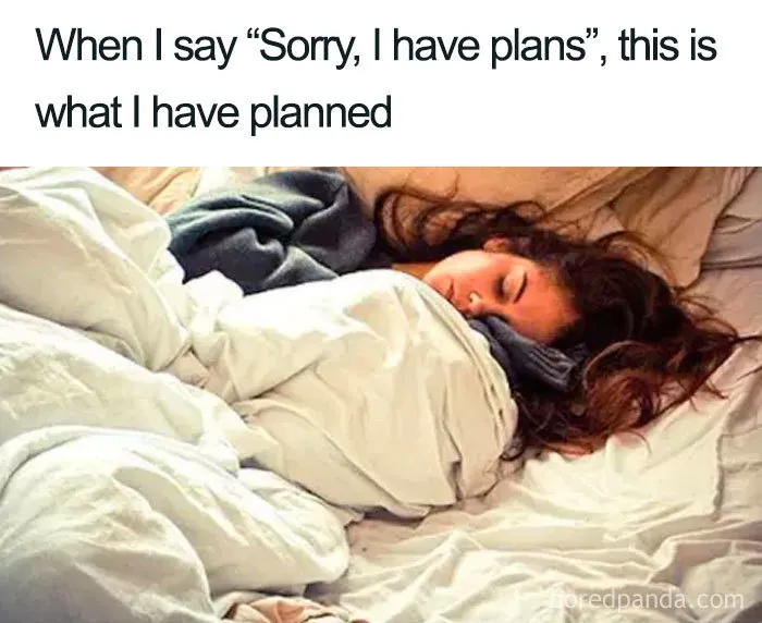 Person sleeping in bed with cozy blankets, funny sleeping meme text above.