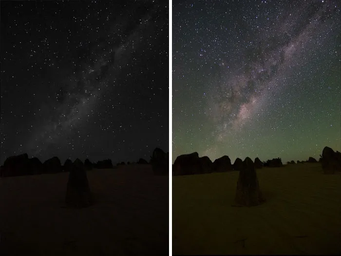 Whenever Somebody Posts A Photo Of The Milky Way, People Invariably Ask "Is That How You See It With The Naked Eye?". Here's A Representation Of What You Do See Compared To What Comes Out Of The Camera
