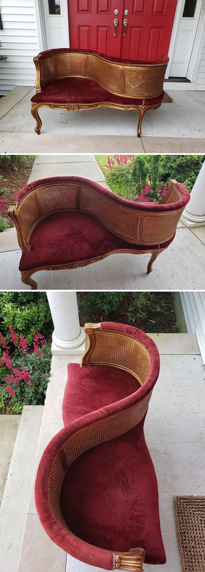 Encontré esto en una cuneta junto con un montón de chatarra. Es un asiento para conversar de la época victoriana, para parejas cortejándose