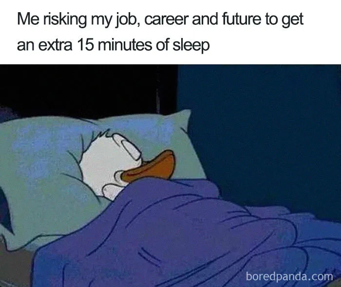 Cartoon duck sleeping peacefully under a blanket, humorously illustrating the funniest sleeping memes concept.