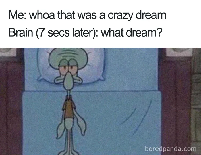 Squidward lying in bed with a puzzled expression, showcasing a funny sleeping meme about forgetting dreams.