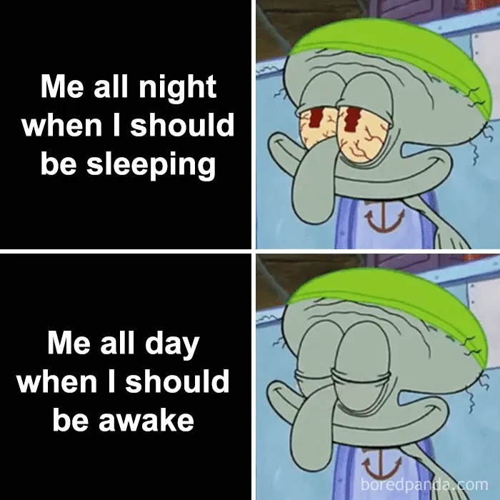 Cartoon character in funny sleeping meme with tired eyes at night, relaxed expression during the day.