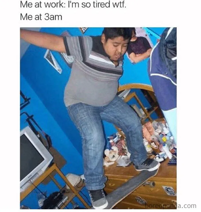 Boy in a messy room trying to skateboard on a desk, illustrating tiredness in a funny sleeping meme.