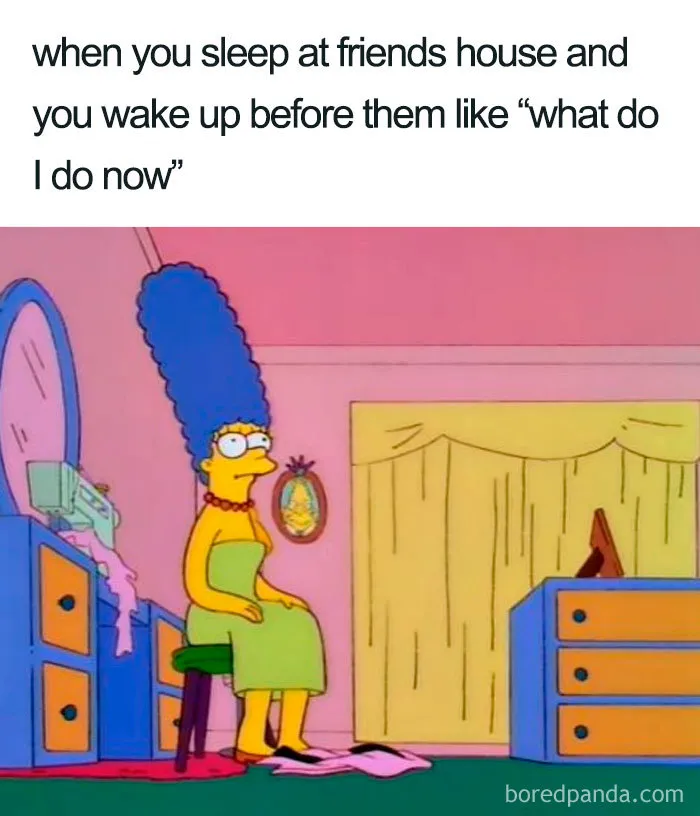 Marge Simpson sitting awkwardly, looking confused, in a humorous sleeping meme scenario.