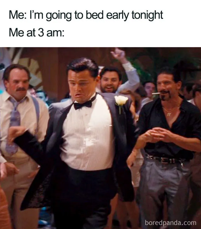 Man dressed in tuxedo dancing energetically at party, illustrating contrast in sleeping memes with late-night activity.