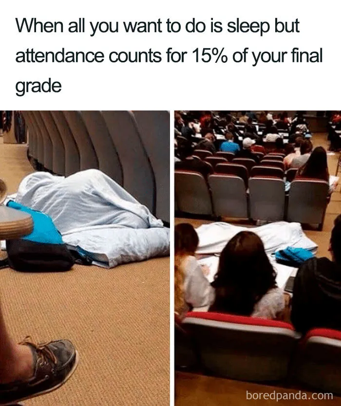 Student wrapped in blanket sleeping on the floor in a lecture hall highlighting funny sleeping memes.