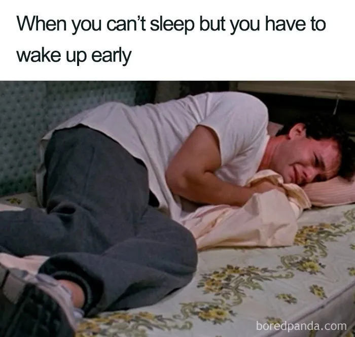Man lying in bed looking frustrated, illustrating a funny sleeping meme.