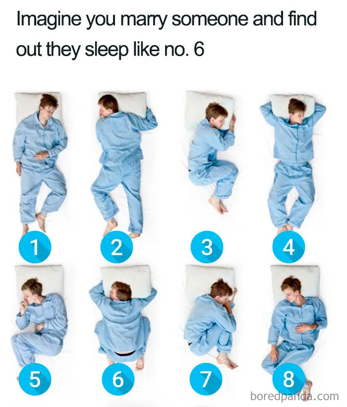 Eight images showing different sleeping positions of a man in blue pajamas illustrating funny sleeping memes.