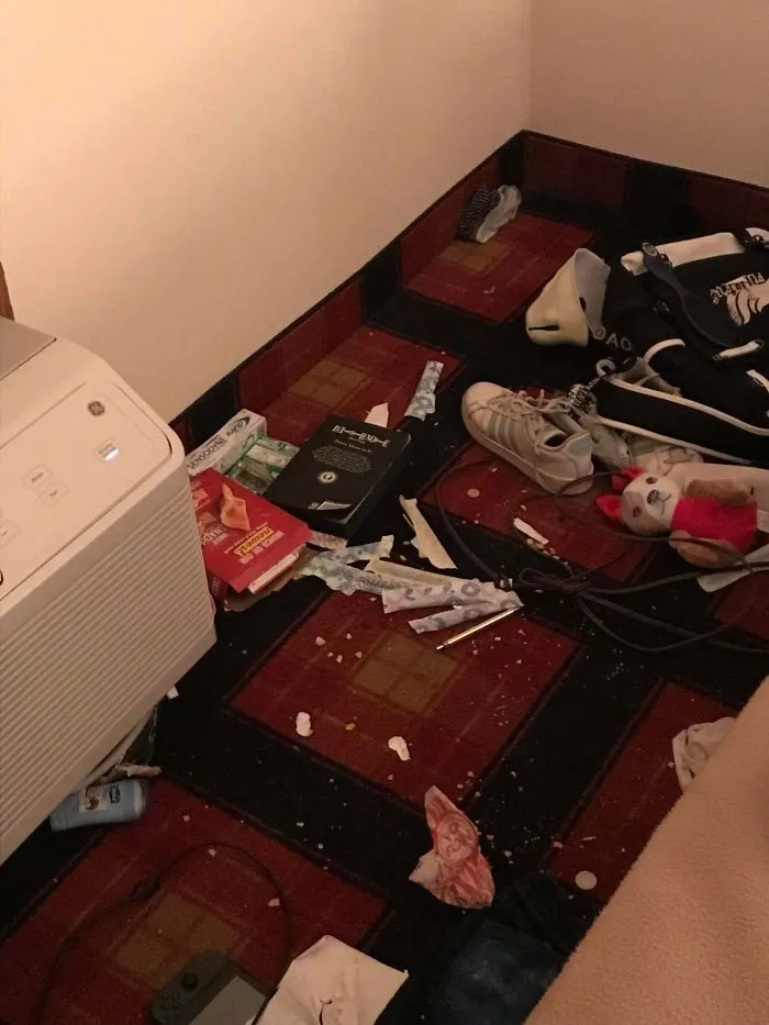 I Went With A Church Group To Pennsylvania, And This Was My Roommates Side Of The Hotel Room