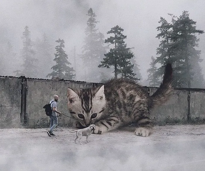 Este artista crea imágenes mostrando cómo sería el mundo si los gatos fueran mucho más grandes (30 imágenes)