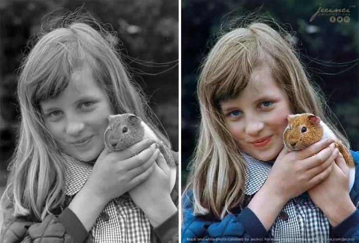La joven princesa Diana con su cobaya Peanuts en la exposición de mascotas de Sandringham, 1972