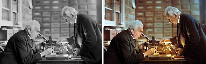 Los hermanos Lumière (Louis a la izquierda y Auguste a la derecha) en su laboratorio, Lyon, Francia, aproximadamente en 1925