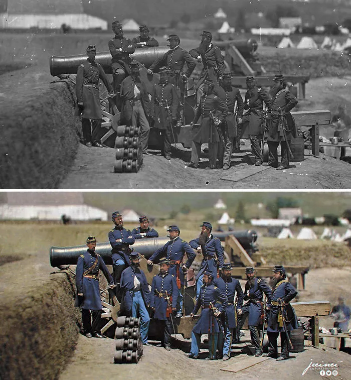 US Civil War - Officers Of The 69th New York Volunteer Regiment Pose With A Cannon At Fort Corcoran - Col. Michael Corcoran At Far Left, 1861