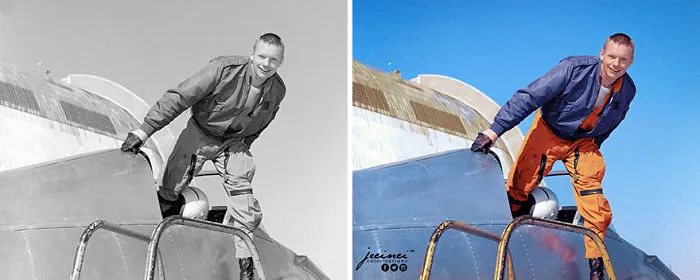 Neil Armstrong, piloto de pruebas de la Nasa, con el Bell X-14 en el Centro de Investigación Ames de la Nasa, febrero de 1964