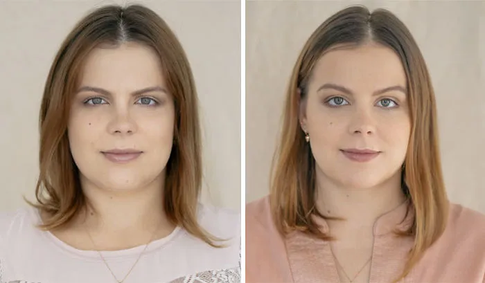 Side-by-side portraits of a woman showcasing changes before and after becoming a mom with natural expressions and similar hairstyles.