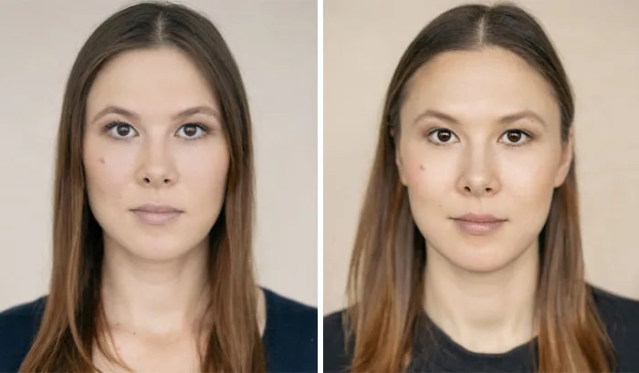 Side-by-side portraits of a woman photographed before and after becoming a mom, showing subtle changes in appearance.