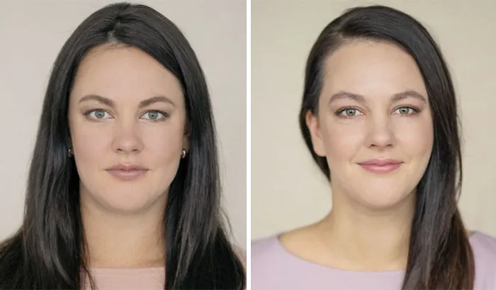 Side-by-side photos of a woman before and after becoming a mom, showing natural changes and smiles.