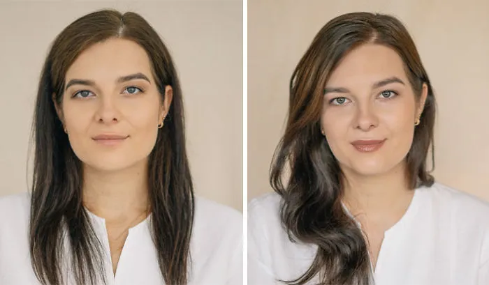 Side-by-side portraits of a woman before and after becoming a mom, showing natural changes and growth in appearance.