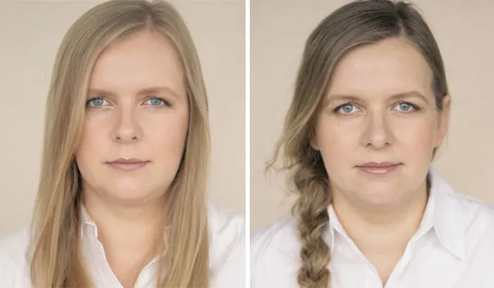 Side-by-side portraits of a woman before and after becoming a mom, showing natural changes in appearance and expression.