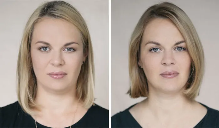 Side-by-side portraits of a woman showing changes before and after becoming a mom with neutral background and black top.