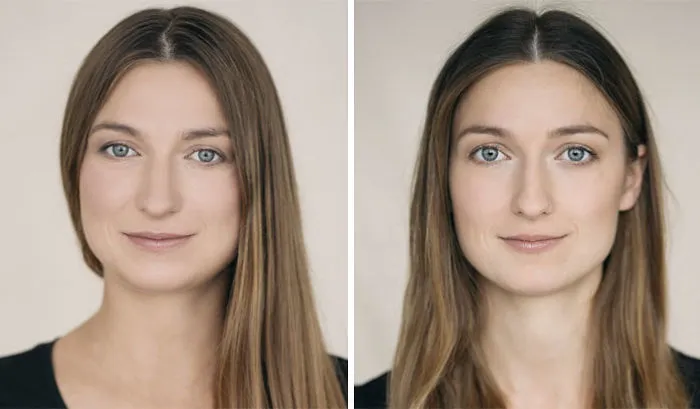 Side-by-side portraits of a woman before and after becoming a mom, showcasing natural changes in appearance.