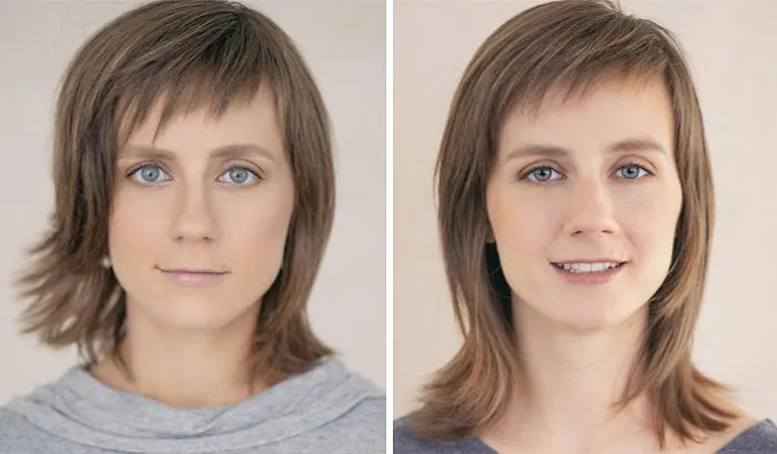 Side-by-side portraits of a woman before and after becoming a mom, highlighting changes in her facial expression and appearance.