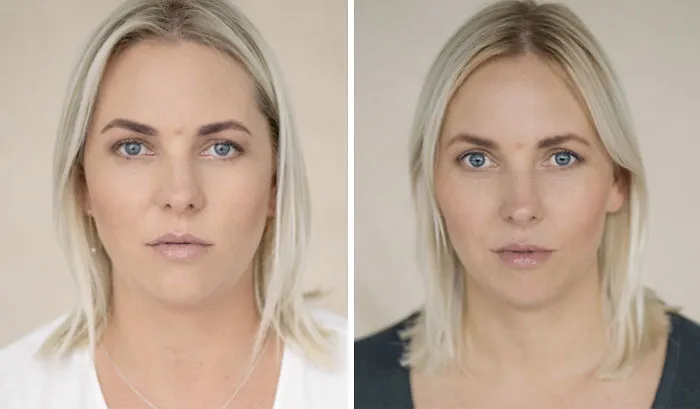 Side-by-side portraits of a woman photographed before and after becoming a mom, showing natural facial expressions.
