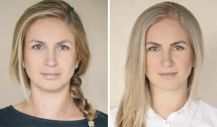 Side-by-side portraits of a woman before and after becoming a mom, showing changes in appearance and expression.