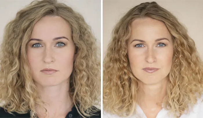 Side-by-side photos of a woman before and after becoming a mom, showcasing changes in appearance and expression.