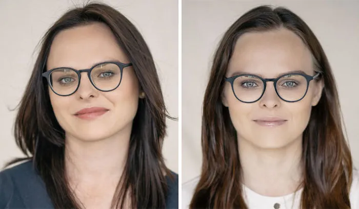 Side-by-side portraits of a woman before and after becoming a mom, showcasing changes in appearance and expression.
