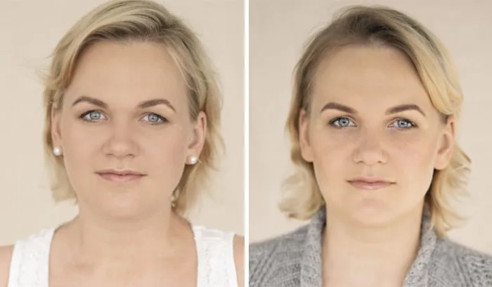 Portraits of a woman before and after becoming a mom, showing subtle changes in expression and styling.